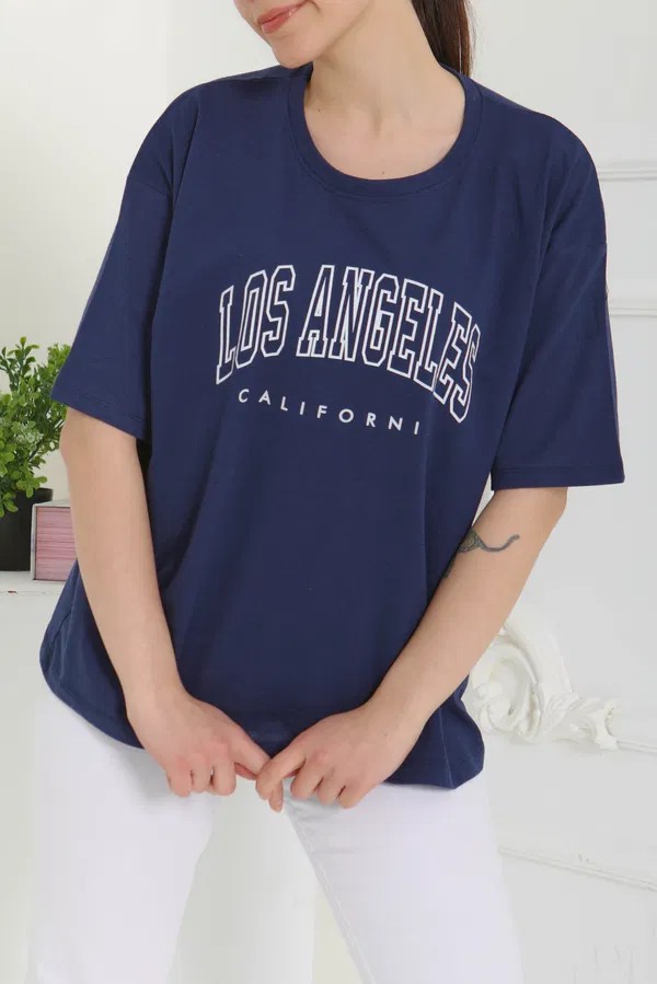 [SERİ]  Oversize Baskılı T- Shirt- 20524 Lacivert