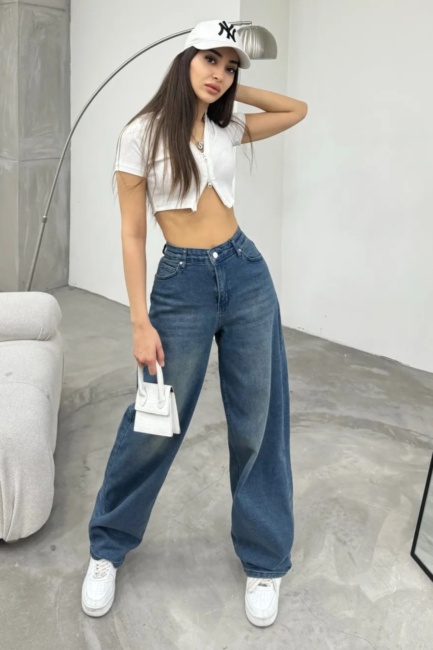 [SERİ] 20497 Geniş Dökümlü Paça Baggy Kot Pantolon - Retro Koyu Mavi