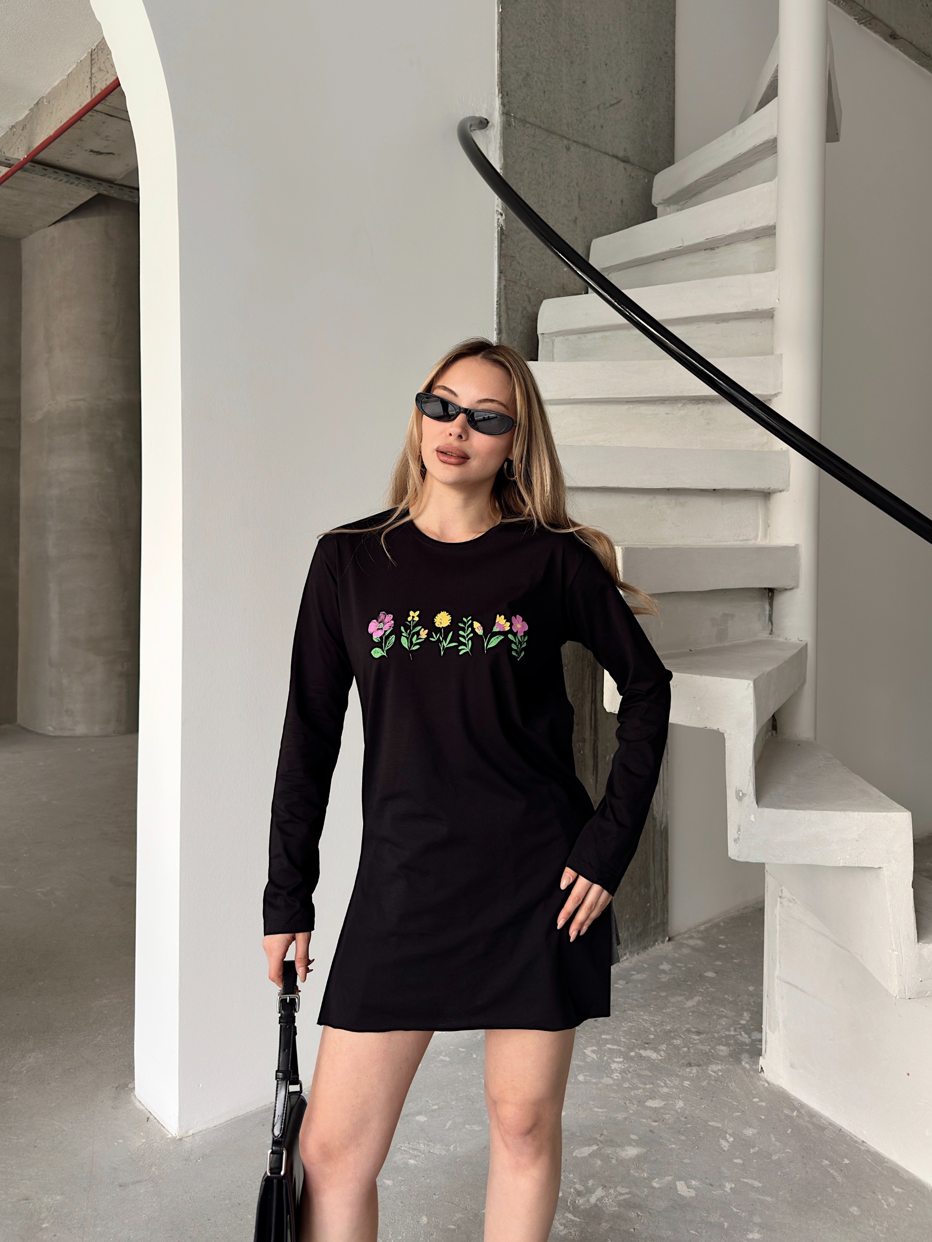[SERİ] Çiçek Desenli Likralı Penye Elbise/Tunik - 20413 Siyah