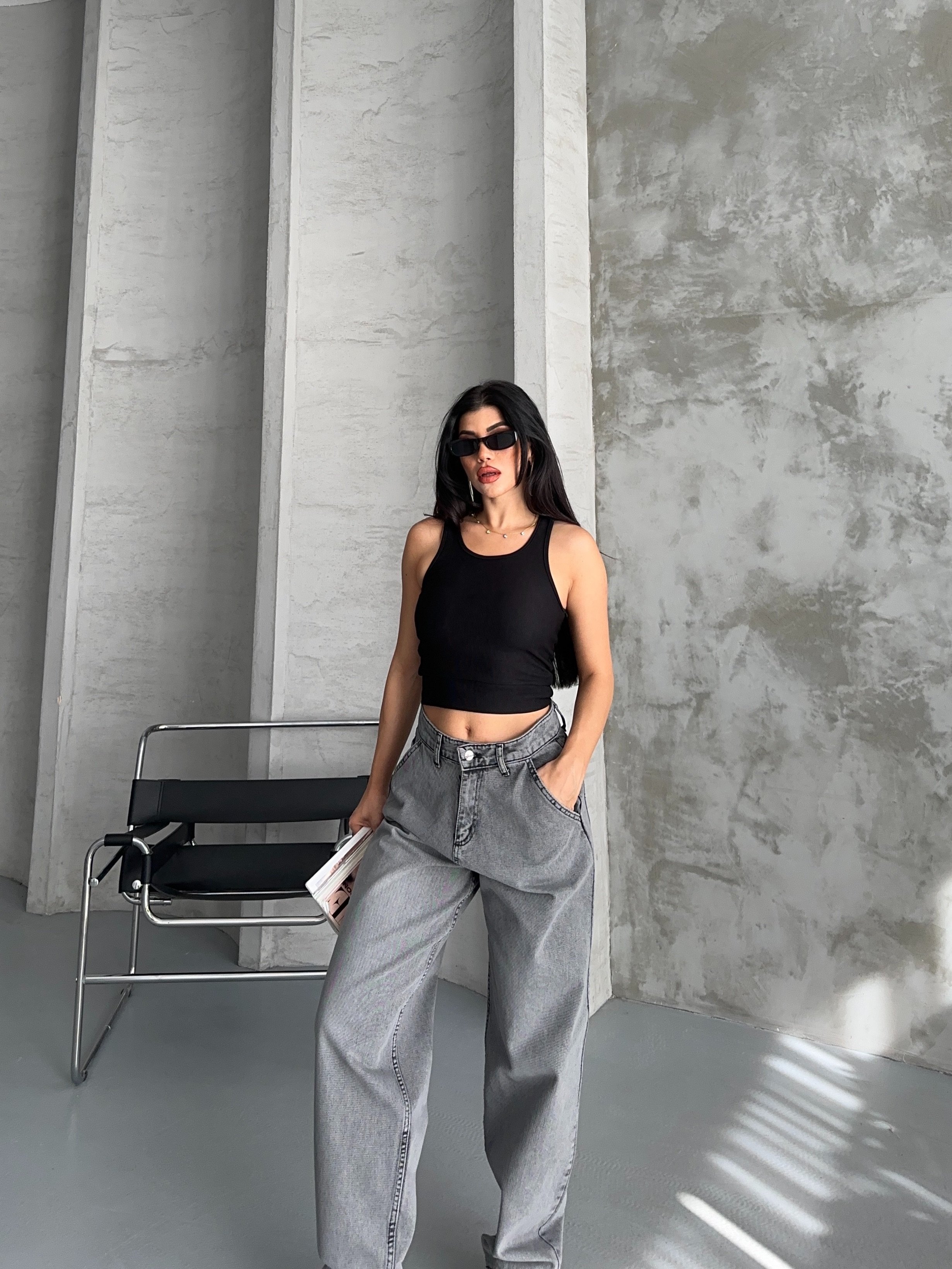 [SERİ] 2511 Yan Cepli Geniş Dökümlü Paça Baggy Kot Pantolon - Füme