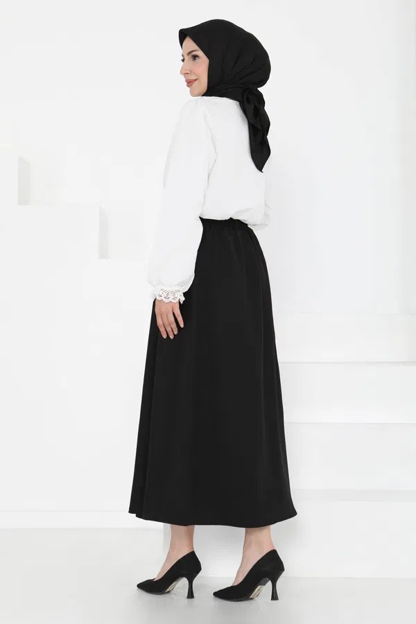 [SERİ] Cepli Keten Etek - 20548 Siyah