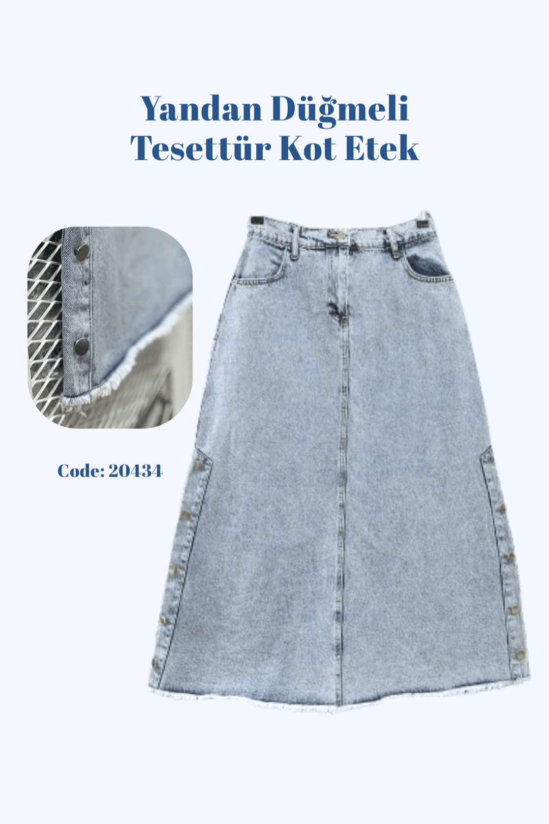 [SERİ] Yan Düğmeli Kot Etek - 20434 Mavi