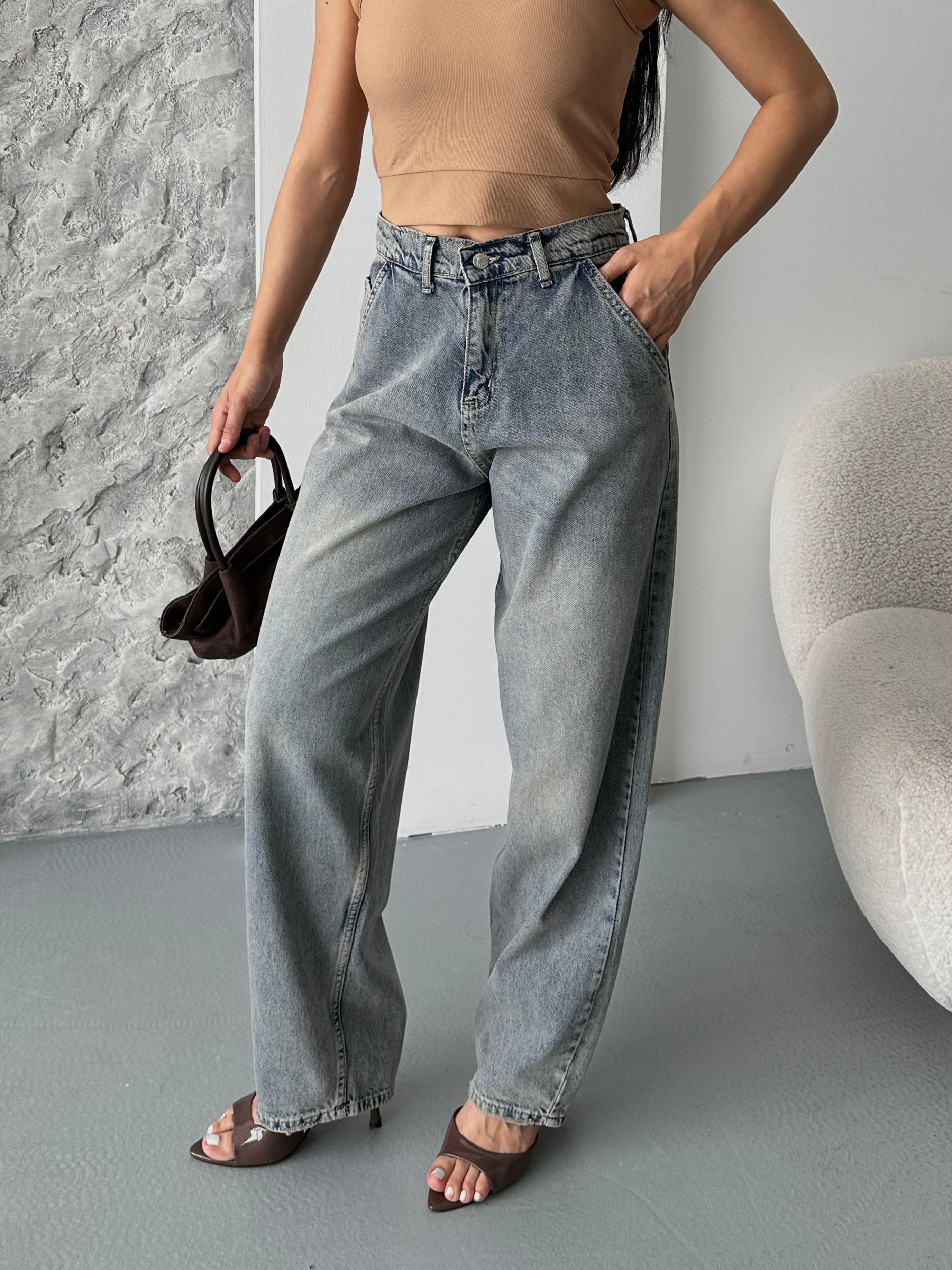 [SERİ] 2511 Yan Cepli Geniş Dökümlü Paça Baggy Kot Pantolon - Eskitme Kahve 