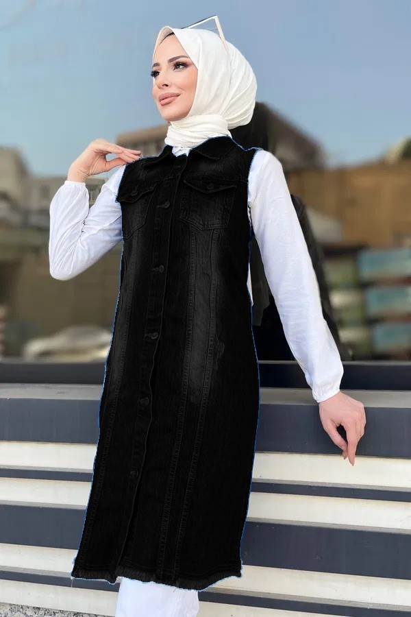 [SERİ] Uzun Kot Yelek - 20541 Siyah
