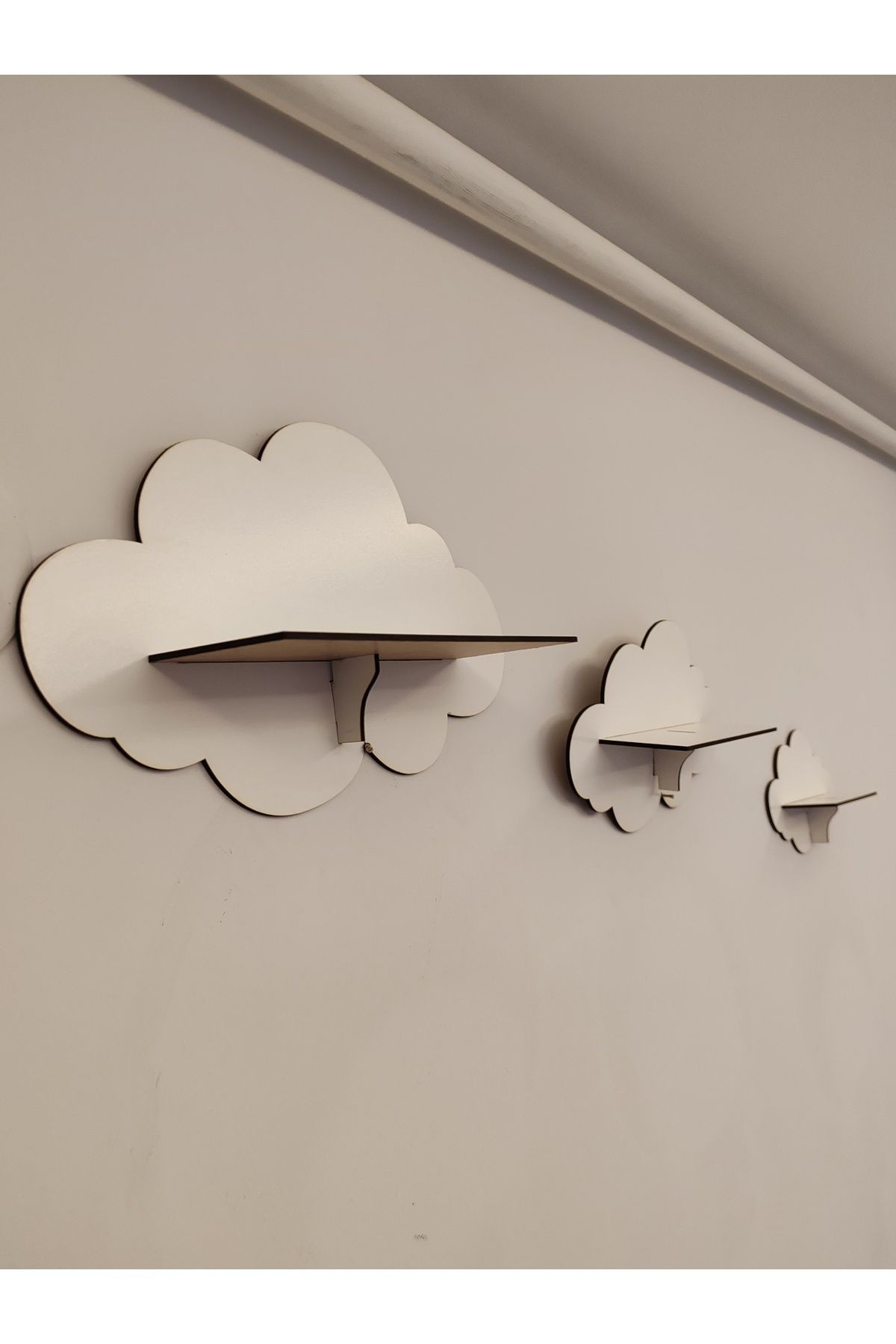 3'lü Beyaz Dekoratif Bulut Çocuk Odası Duvar Rafı ( 3 MM BEYAZ MDF )
