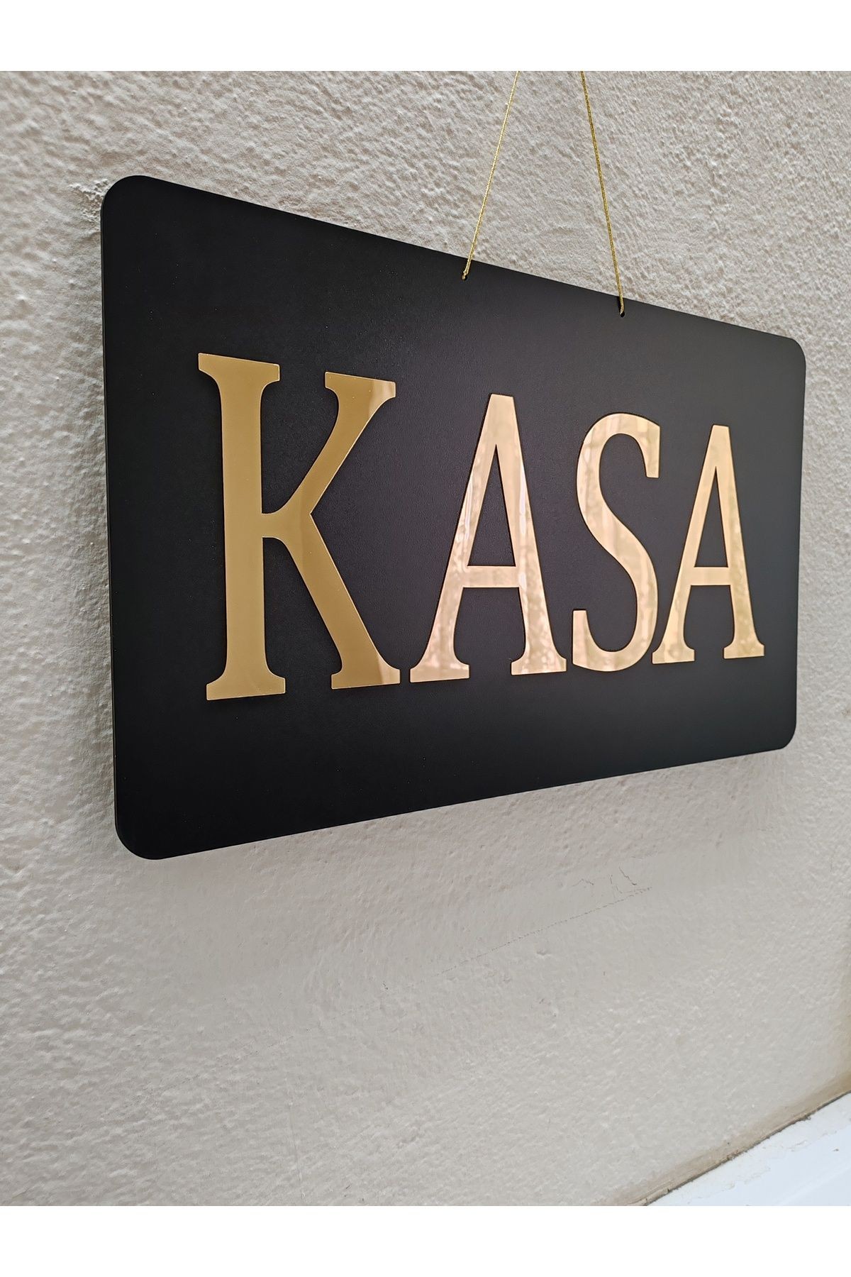 KASA YAZILI SİYAH MDF ÜZERİ  GOLD AYNALI PLEKSİ YAZILI YÖNLENDİRME LEVHASI TABELA 50X30 CM