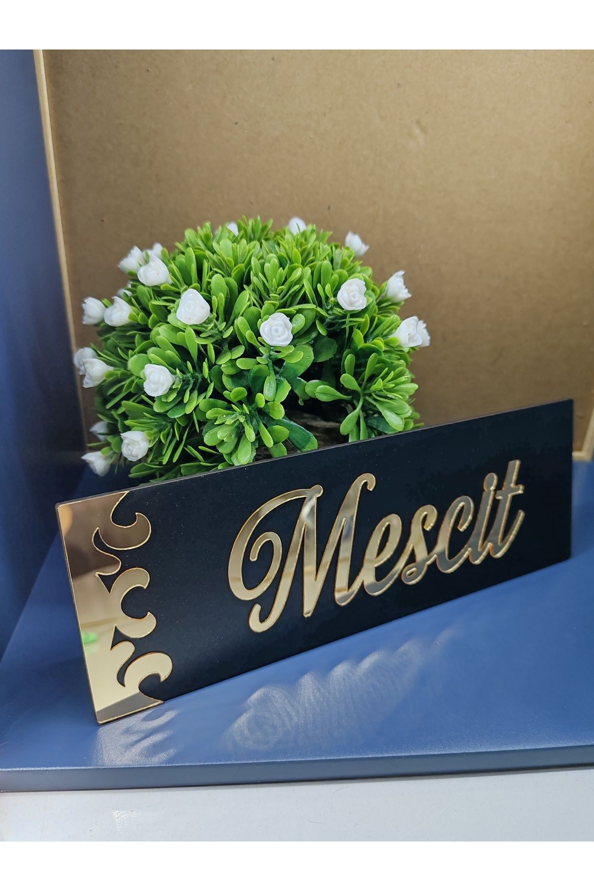 Dekoratif MESCİT Yazılı Gold Aynalı Pleksi Yazılı Siyah Mdf Yönlendirme Levhası 20x8 cm