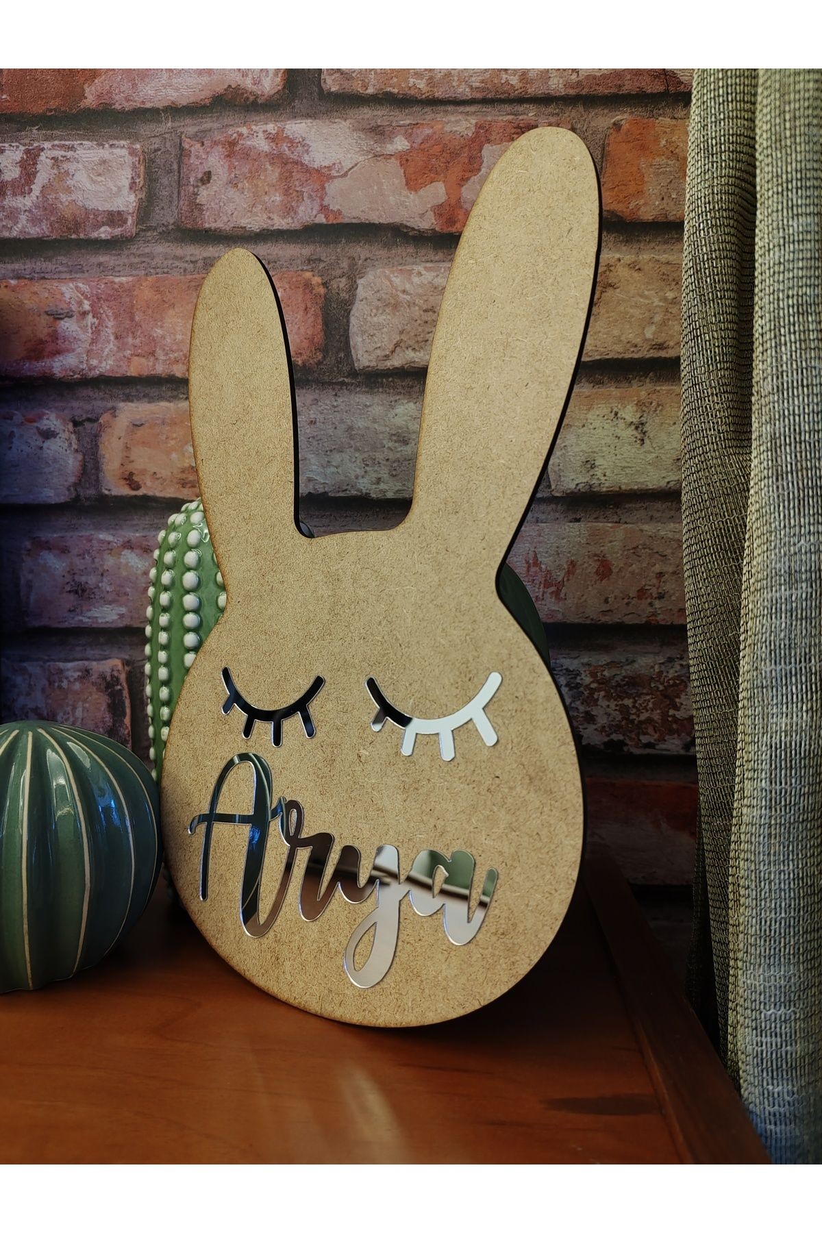 Tavşan Figürlü Çocuk Odası Dekoratif Kapı süsü 30 cm 3 MM HAM MDF ÜZERİ GÜMÜŞ