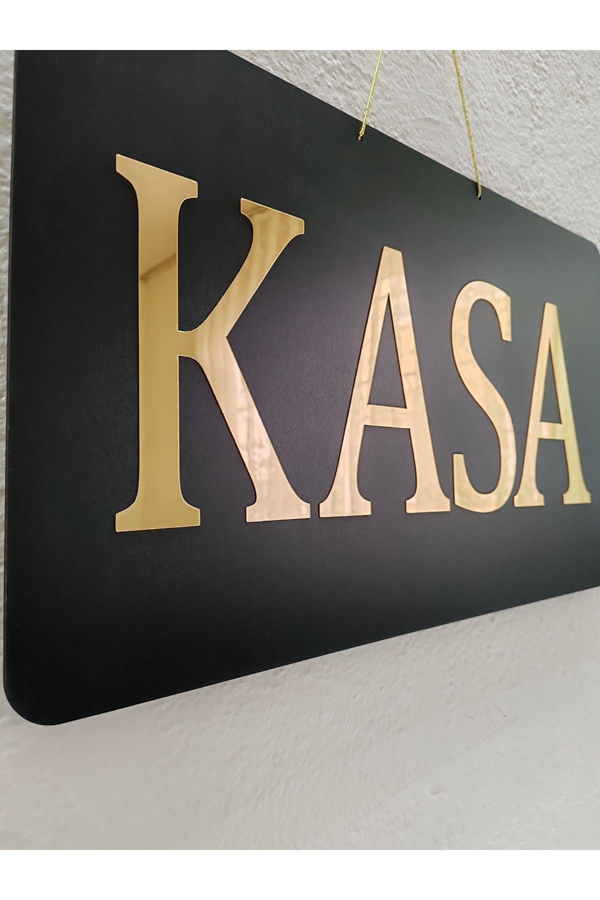 KASA YAZILI SİYAH MDF ÜZERİ  GOLD AYNALI PLEKSİ YAZILI YÖNLENDİRME LEVHASI TABELA 50X30 CM