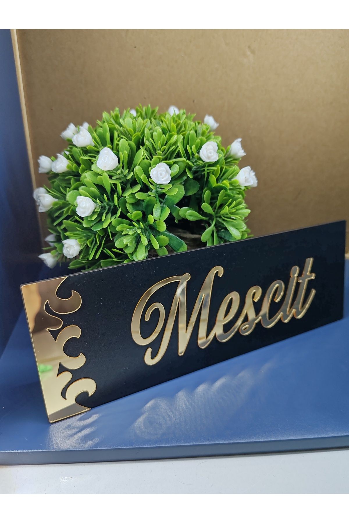 Dekoratif MESCİT Yazılı Gold Aynalı Pleksi Yazılı Siyah Mdf Yönlendirme Levhası 20x8 cm