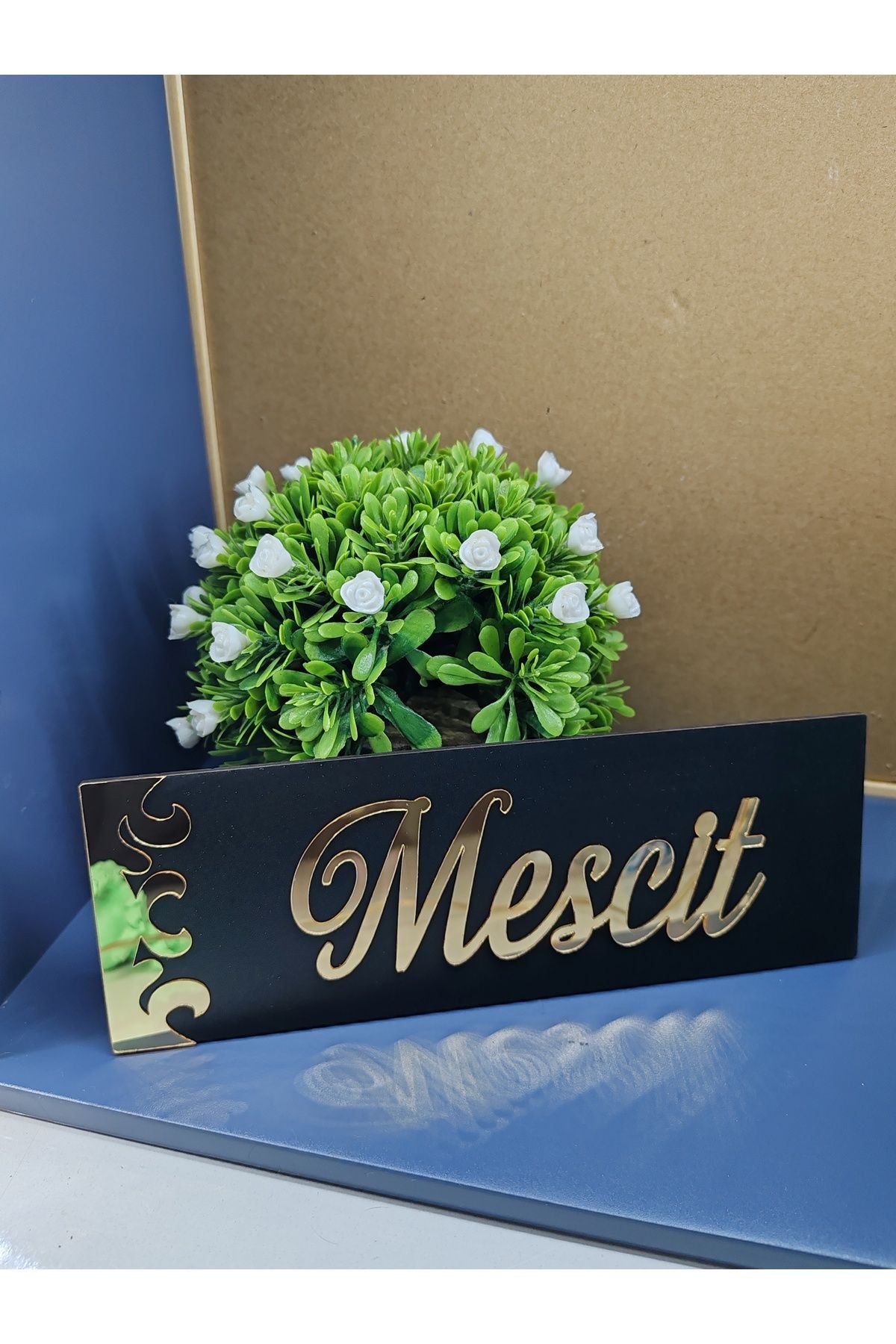 Dekoratif MESCİT Yazılı Gold Aynalı Pleksi Yazılı Siyah Mdf Yönlendirme Levhası 20x8 cm