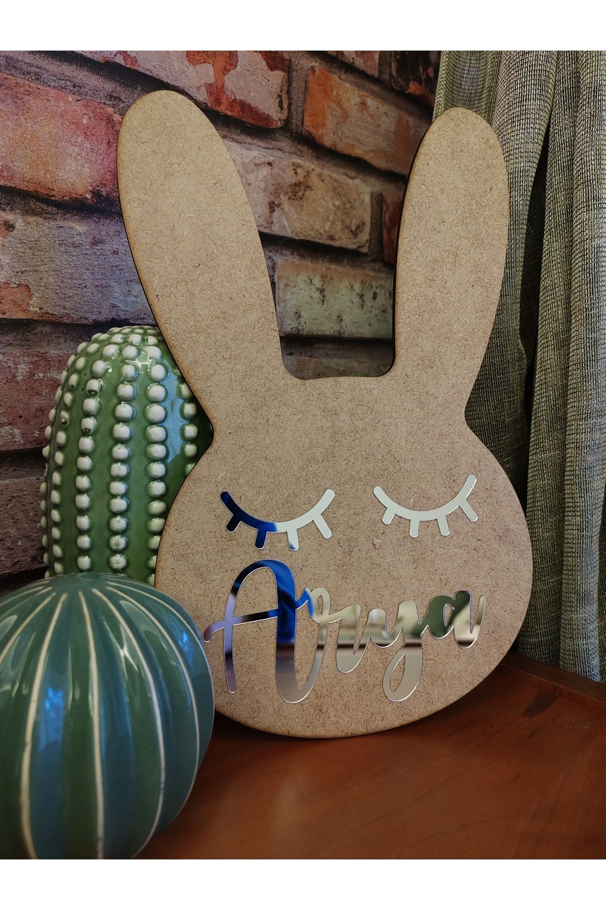 Tavşan Figürlü Çocuk Odası Dekoratif Kapı süsü 30 cm 3 MM HAM MDF ÜZERİ GÜMÜŞ