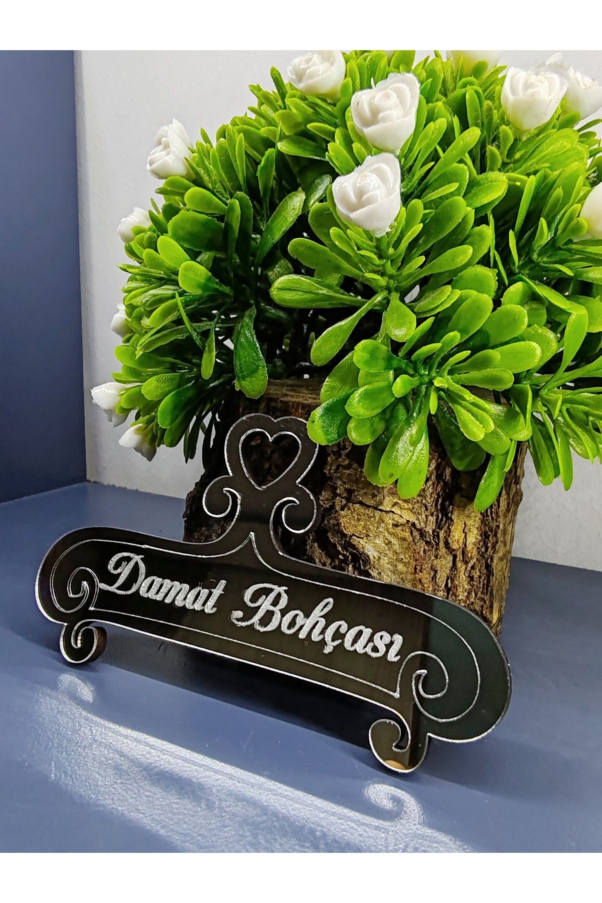 Kişiye Özel Tasarım Pleksi Damat Bohçası Yazısı Kazıma Bohça Süsü GÜMÜŞ (5 ADET)