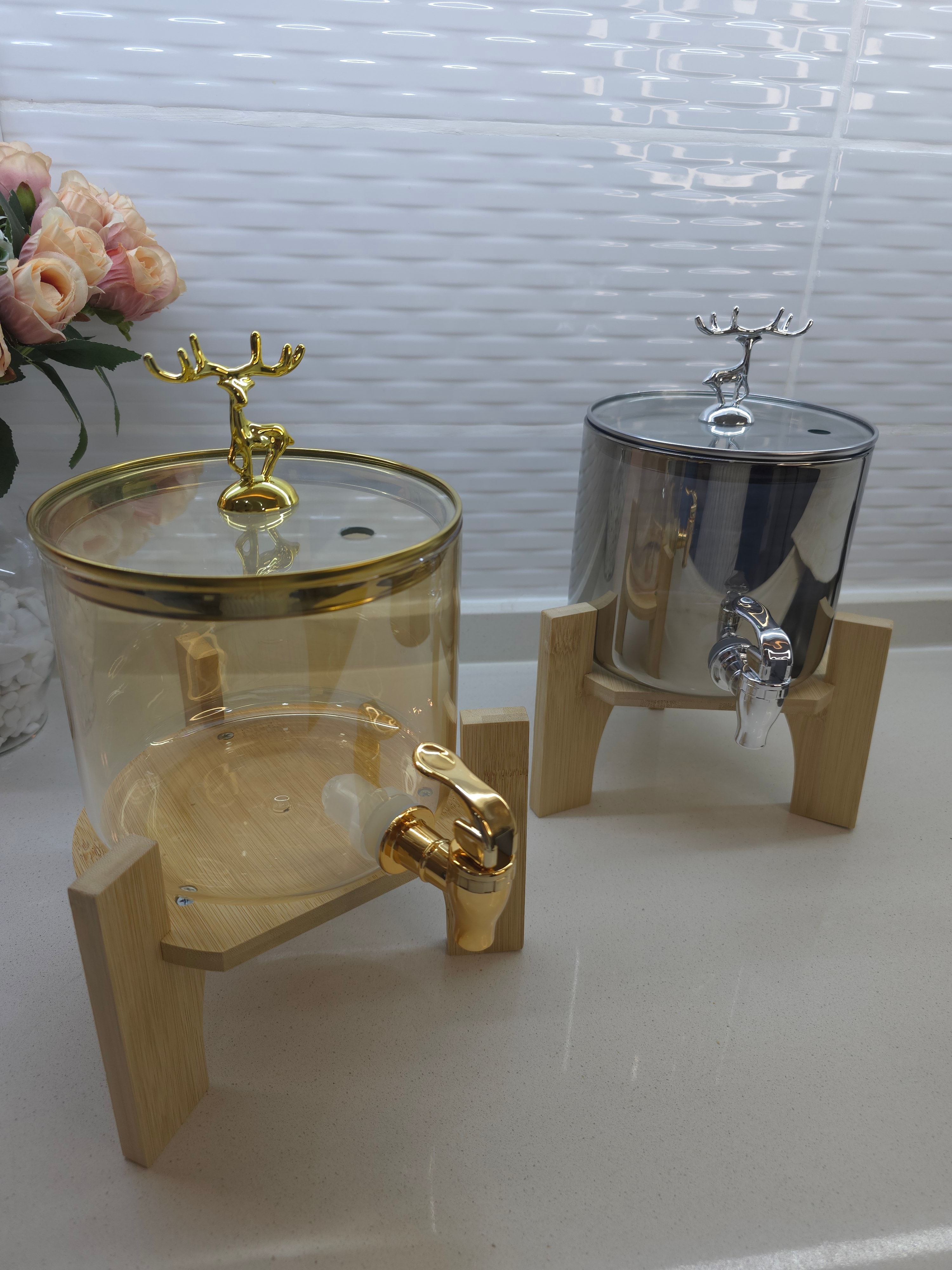 Geyik Kulplu Bambu Stand'lı Füme - Gold Cam Şerbet-Meyve Suyu-Su Sebili 3.6 LT.