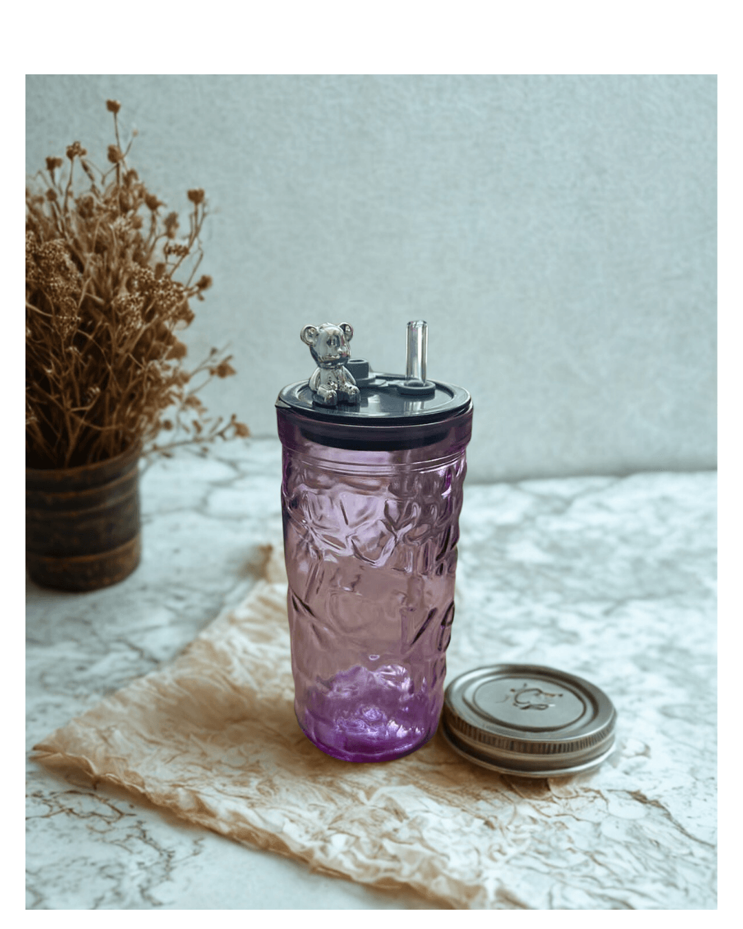 Ayıcık Figürlü cam bardak 420 ML Cam pipetli