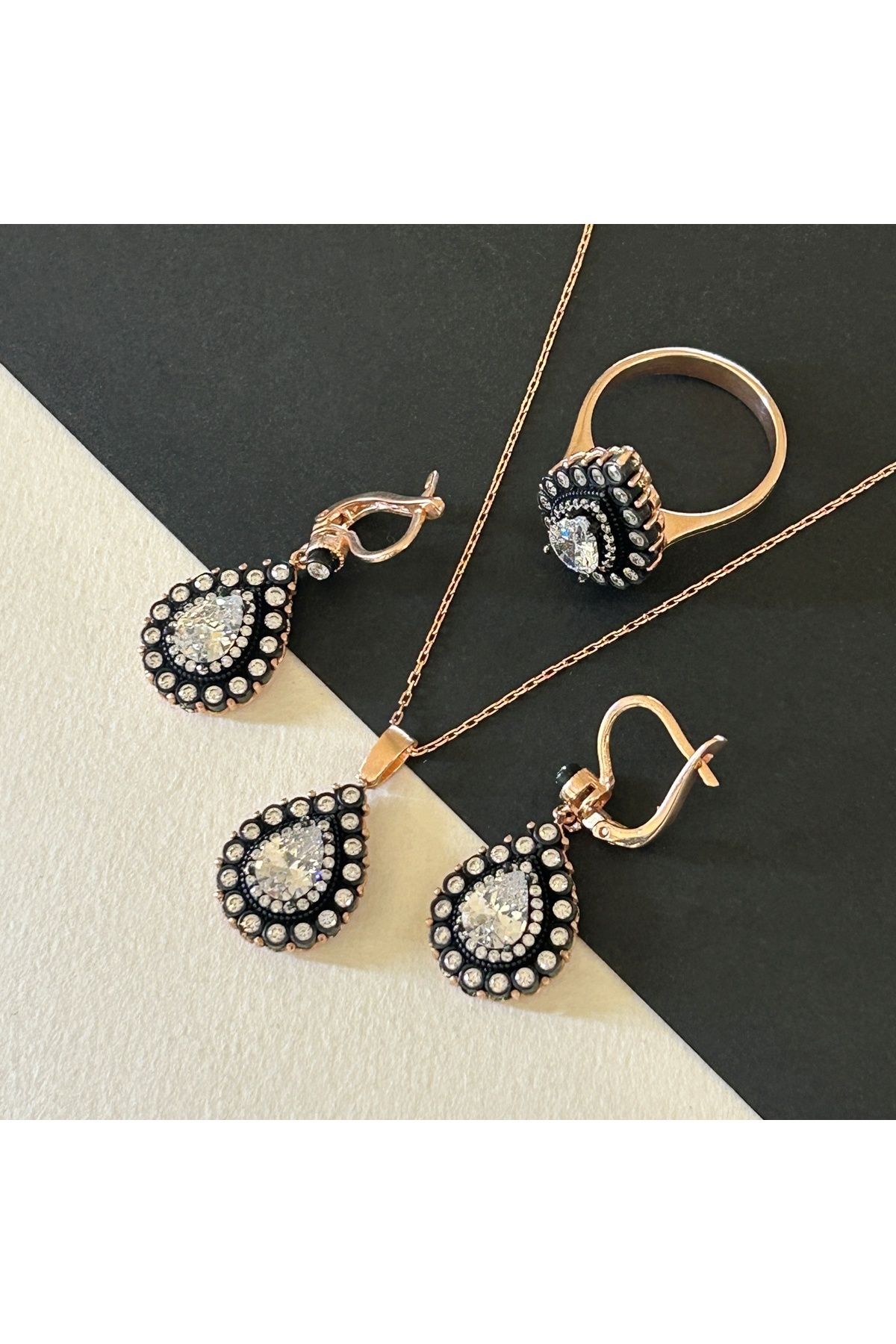 21,20 Gr Rose Renk Büyük Damla Zirkon Taş Tasarım 925 Gümüş Elmas Montür Kolye Yüzük Küpe Set