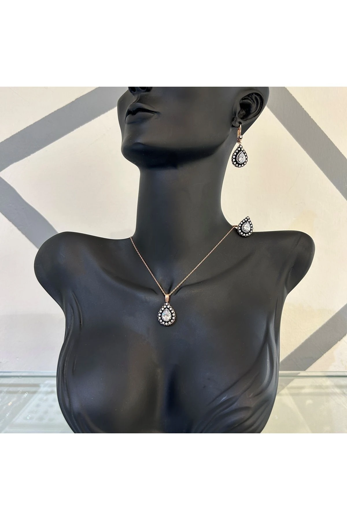 21,20 Gr Rose Renk Büyük Damla Zirkon Taş Tasarım 925 Gümüş Elmas Montür Kolye Yüzük Küpe Set