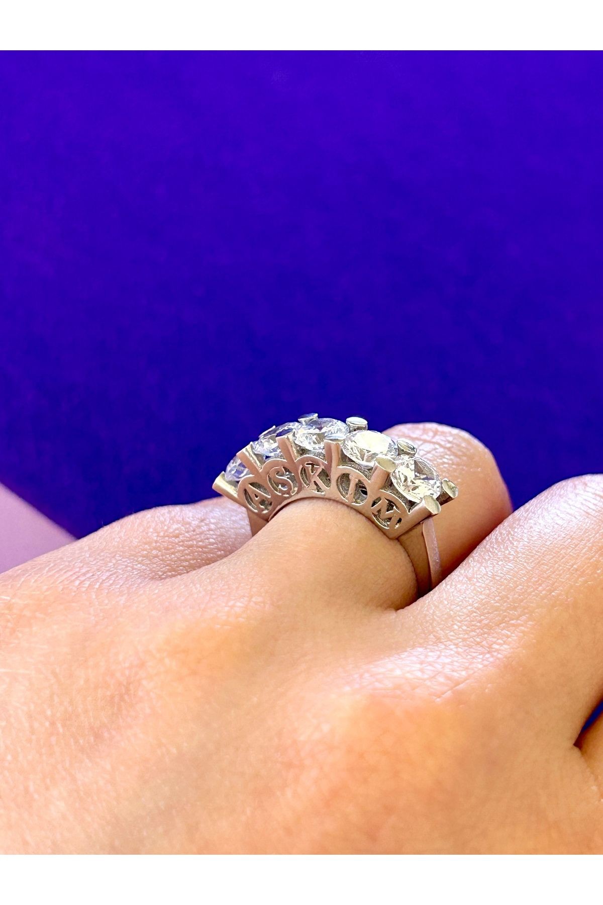 5,95 Gr Silver Renk Büyük Zirkon Beştaş CANIM - AŞKIM  Yazılı Tasarım Yüzük