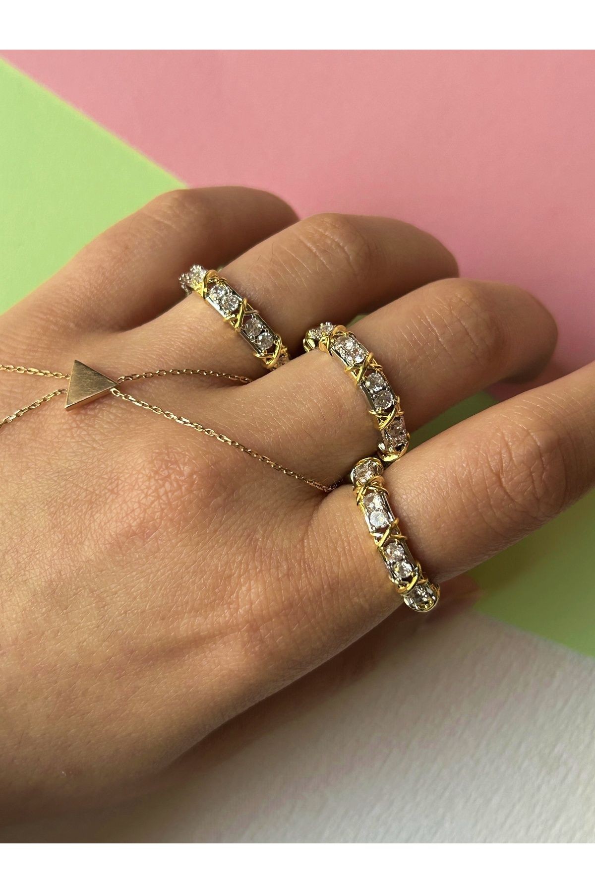 Silver Renk Yuvarlak Zirkon Taş İşlemeli Gold X Detaylı Ayarlanabilir Çelik Yüzük