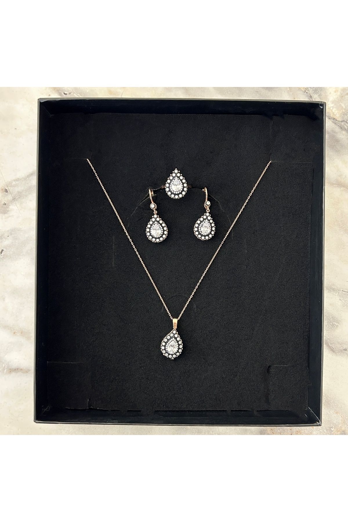 21,20 Gr Rose Renk Büyük Damla Zirkon Taş Tasarım 925 Gümüş Elmas Montür Kolye Yüzük Küpe Set