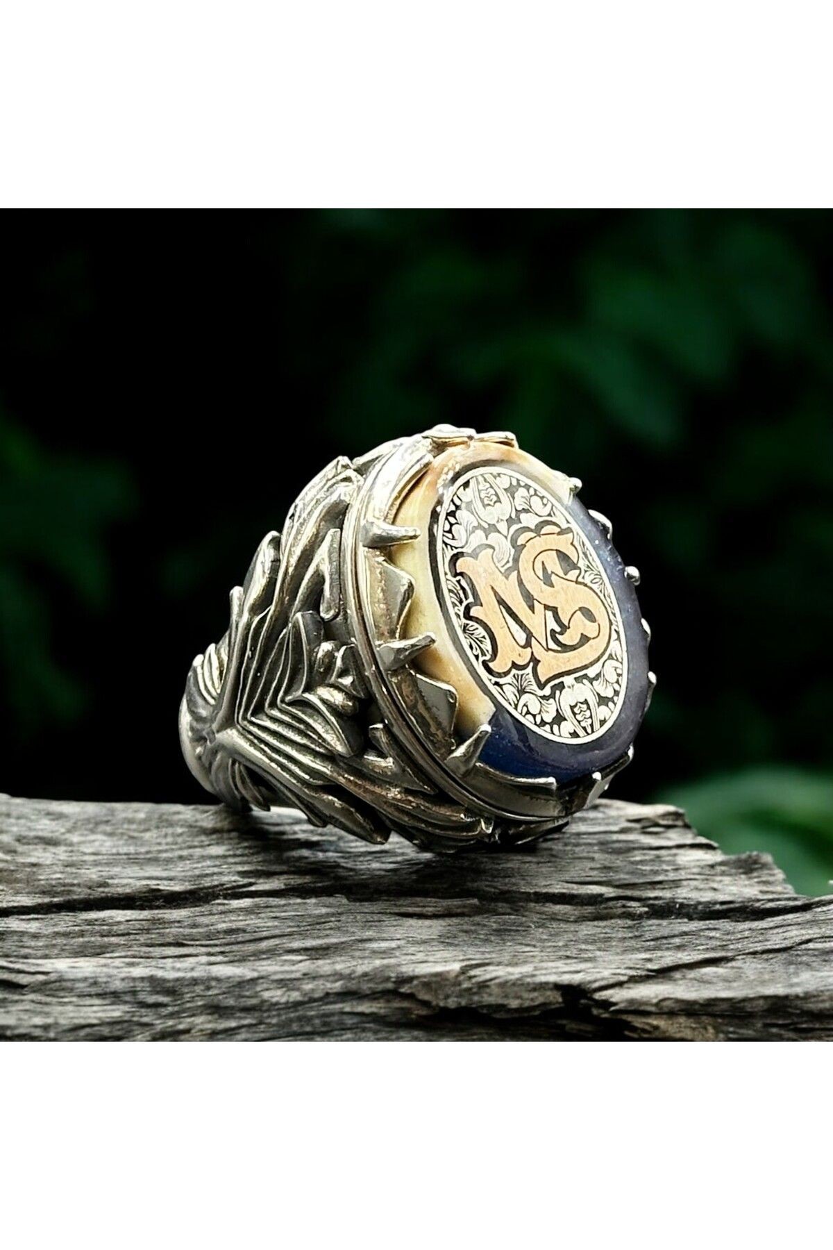 Monogram Harf İşlemeli Kehribar Taşlı Özel Tasarım925 Ayar Gümüş Yüzük