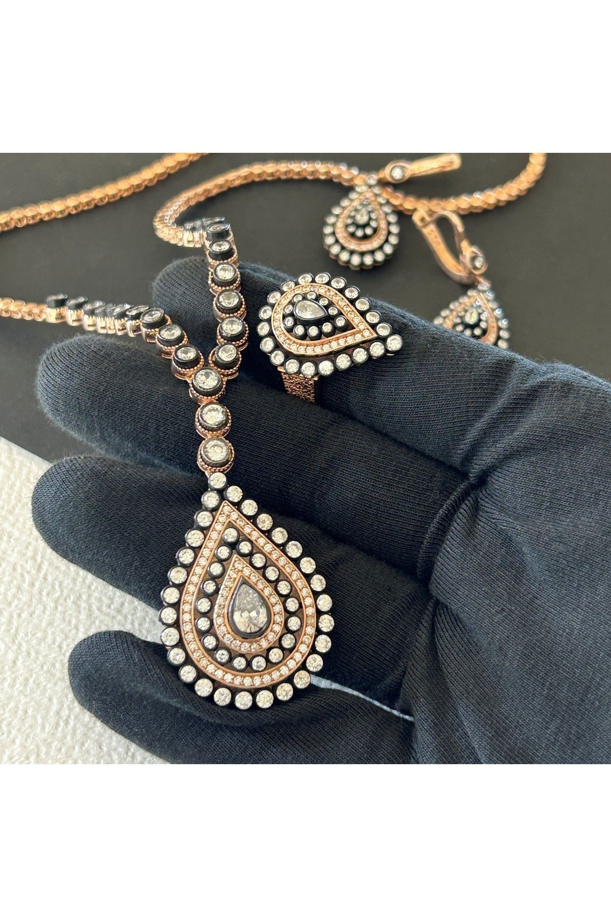 54,23 Gr Rose Renk Kalın İki Renkli Damla Tasarım 925 Gümüş Elmas Montür Kolye Yüzük Küpe Set