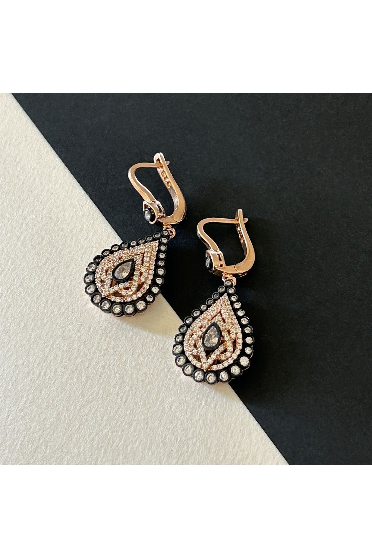 20,25 Gr Rose Renk Damla İçinde Ters-Düz Tasarım 925 Gümüş Elmas Montür Kolye Yüzük Küpe Set