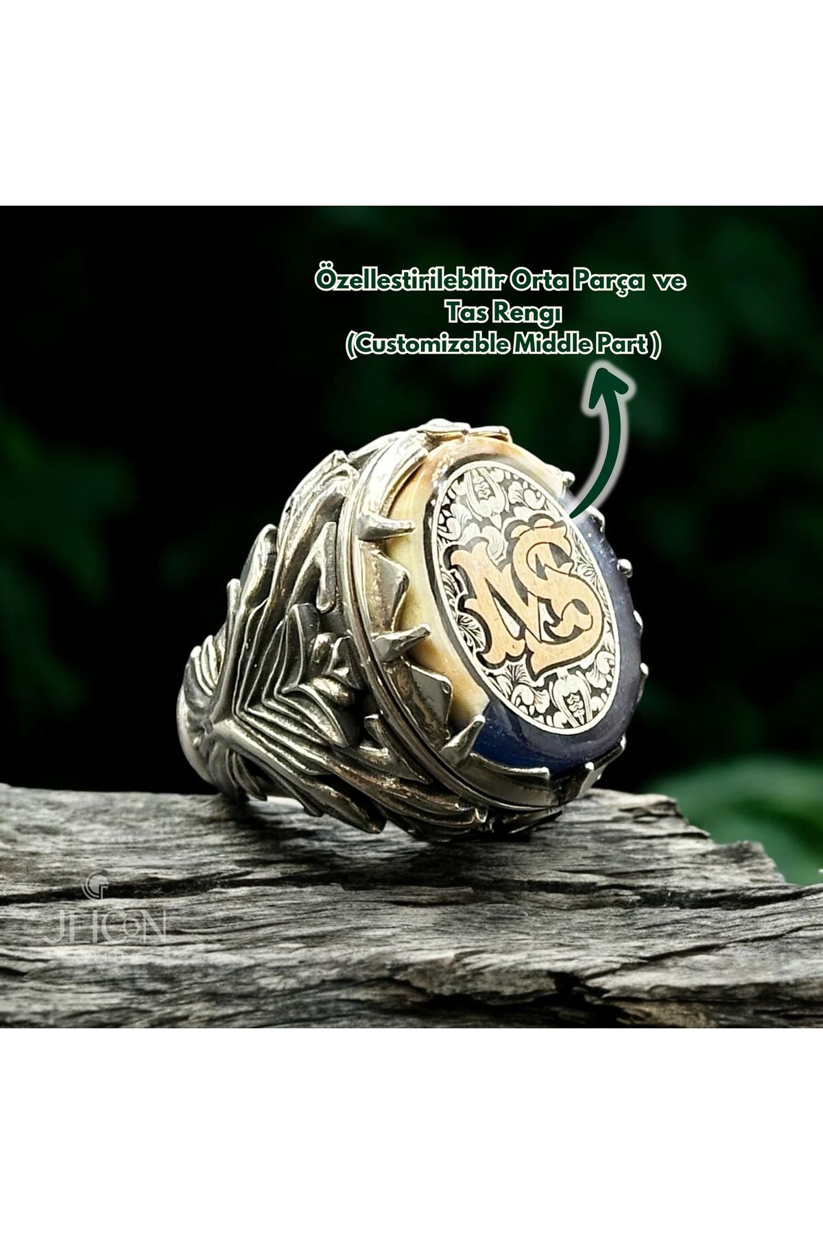 Monogram Harf İşlemeli Kehribar Taşlı Özel Tasarım925 Ayar Gümüş Yüzük