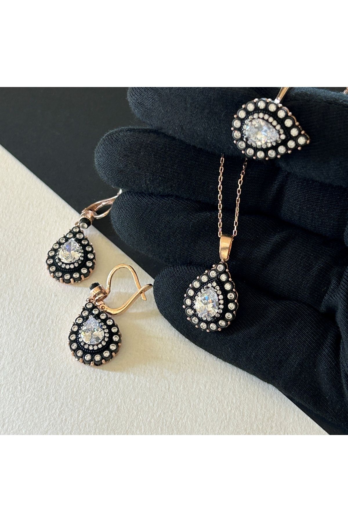 21,20 Gr Rose Renk Büyük Damla Zirkon Taş Tasarım 925 Gümüş Elmas Montür Kolye Yüzük Küpe Set