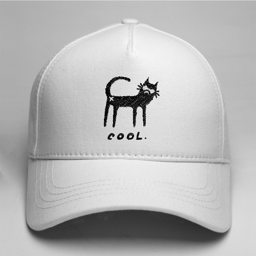Cool Kedi Nakışlı Yüksek Profilli Şapka - Beyaz