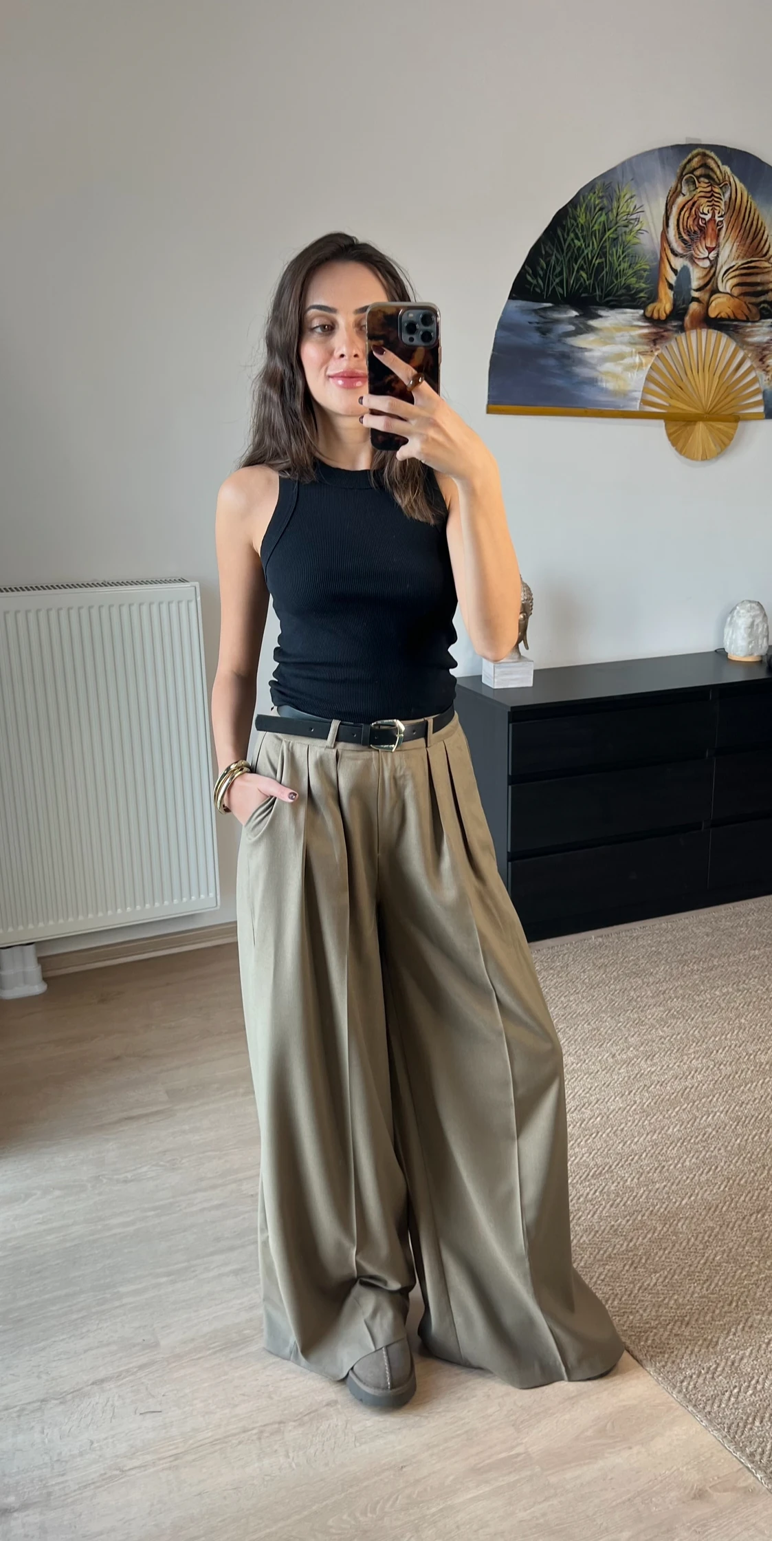 Çift Pileli Haki Plazzo Pantolon