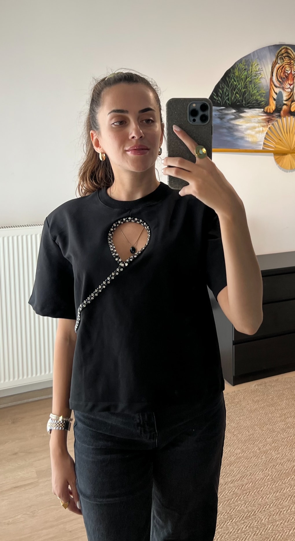 Pencere Detaylı Taşlı Vatkalı Bluz