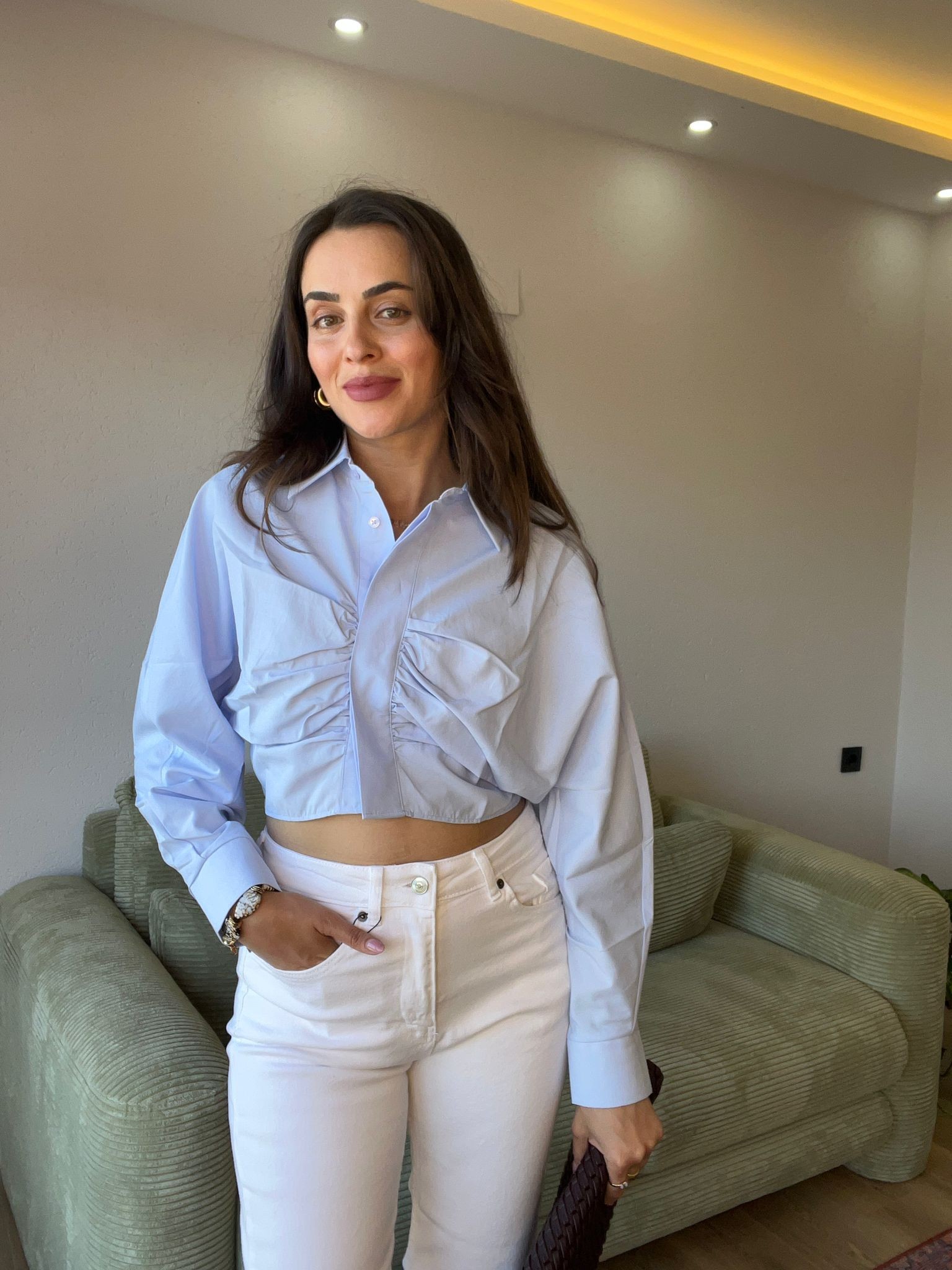 Büzgülü Mavi Crop Gömlek