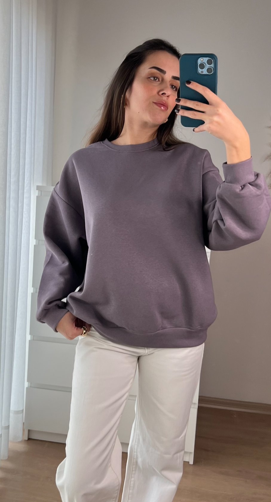 Gri/Gül Kurusu Çıtçıt Detay Şardonlu Sweatshirt