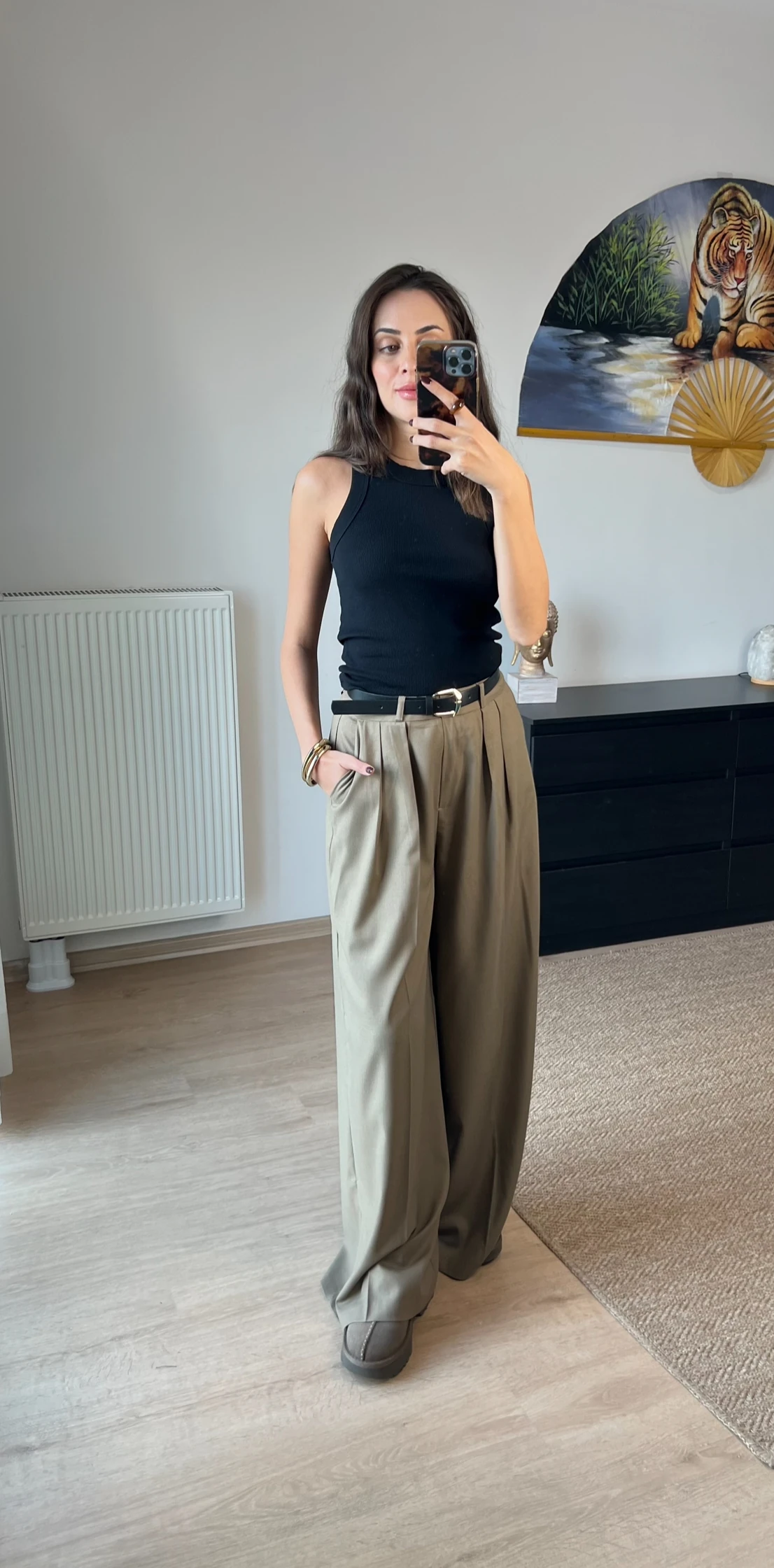 Çift Pileli Haki Plazzo Pantolon