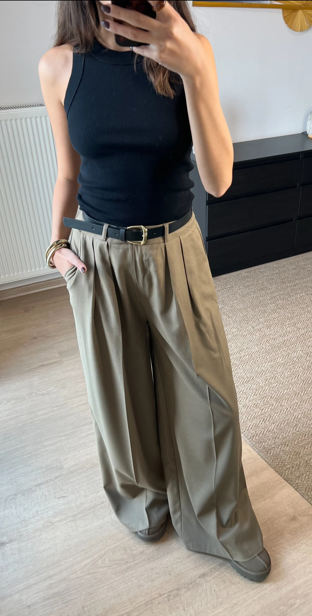 Çift Pileli Haki Plazzo Pantolon