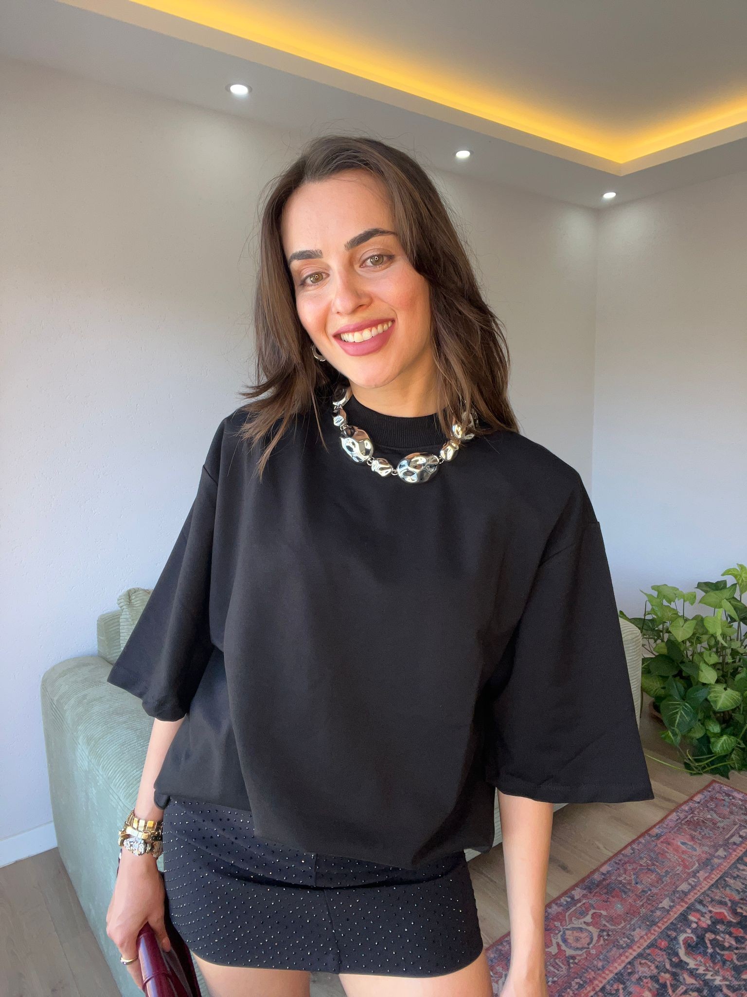 Vatkalı Oversize Siyah Tshirt