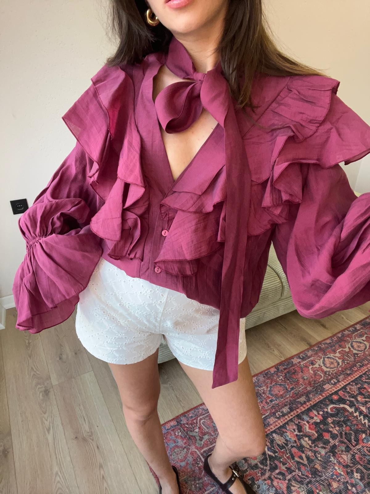 Volanlı Tül Kumaş Bordo Gömlek