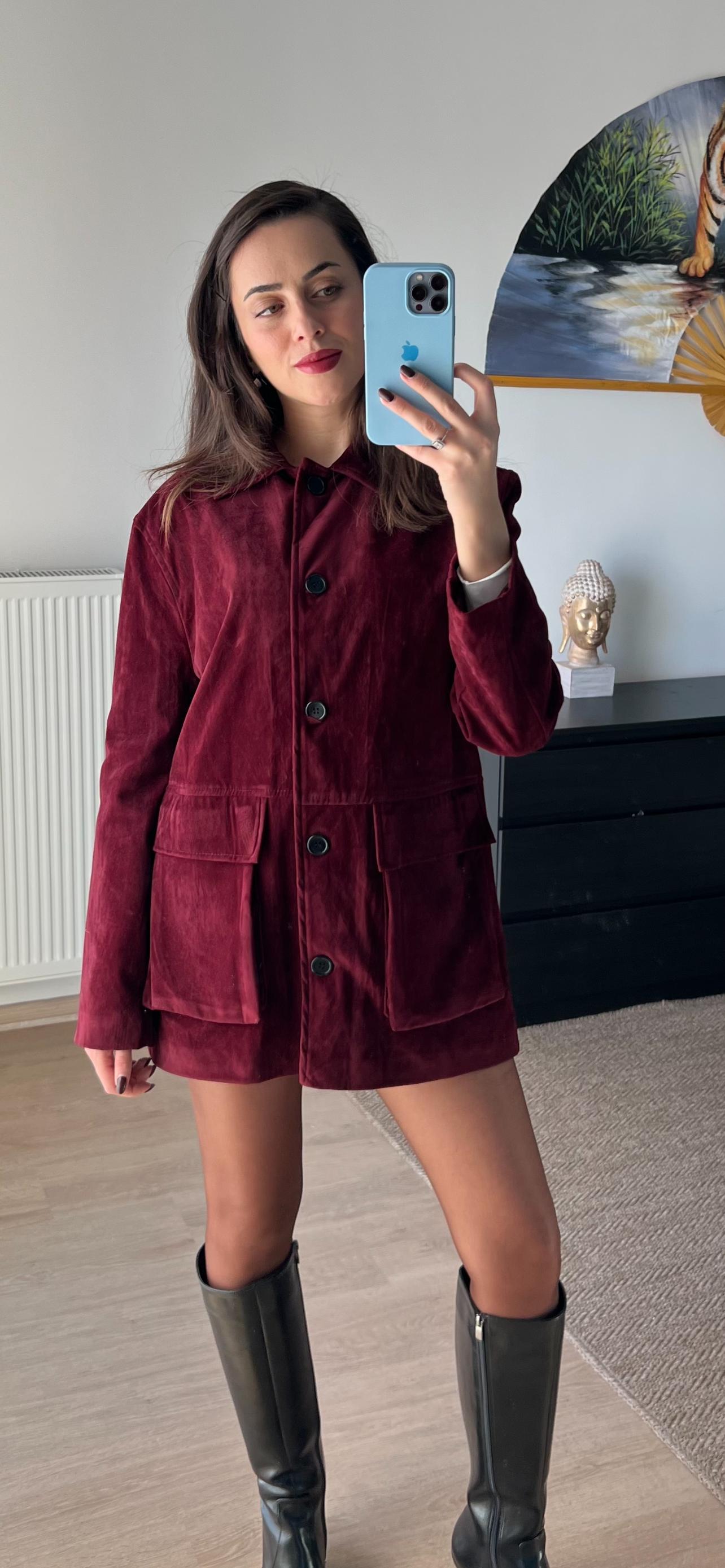 Süet Şarap Kırmızısı Düğmeli Ceket