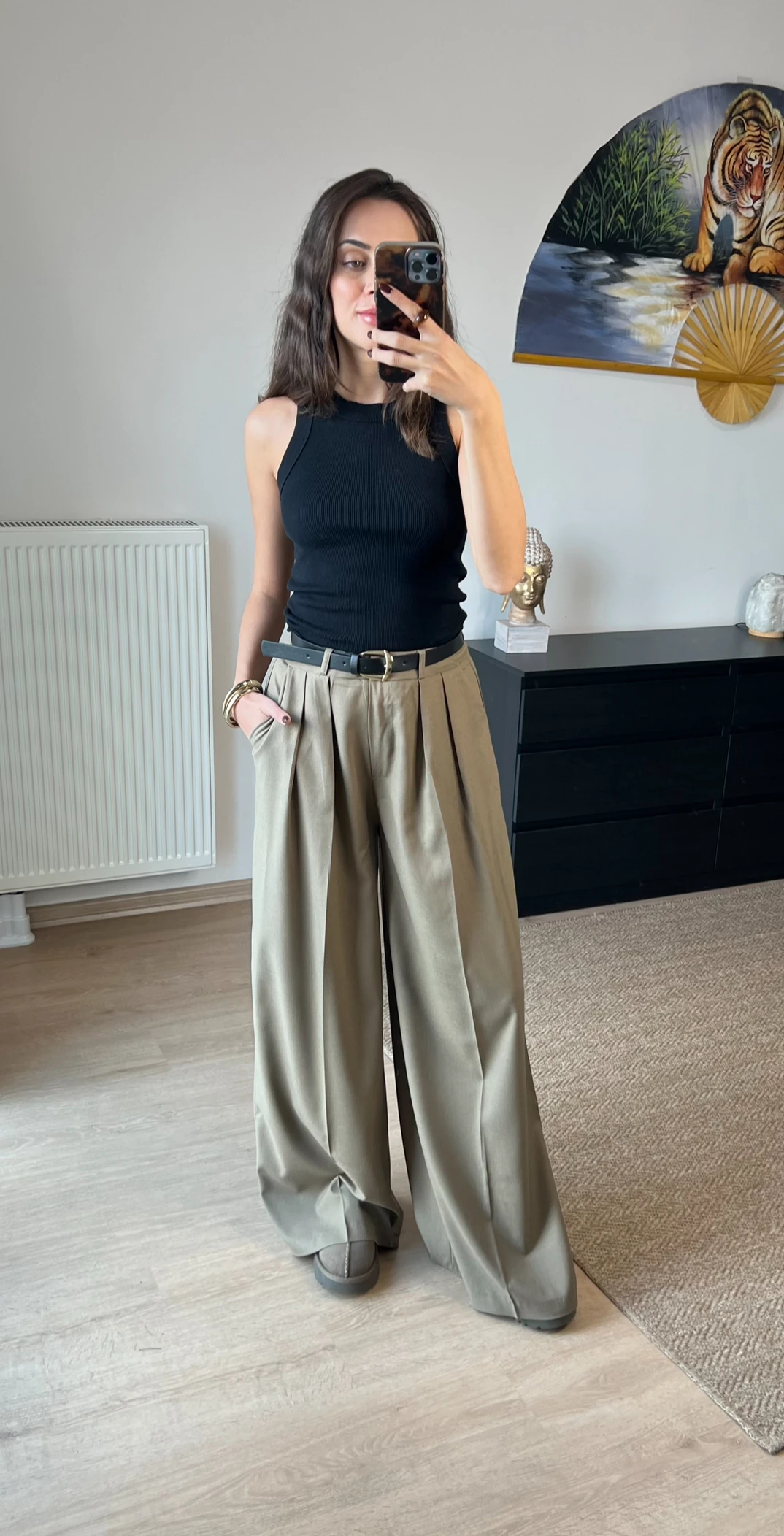 Çift Pileli Haki Plazzo Pantolon