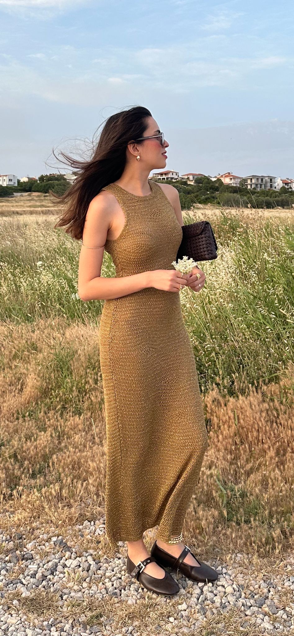 Yağ yeşili simli Kalem Elbise