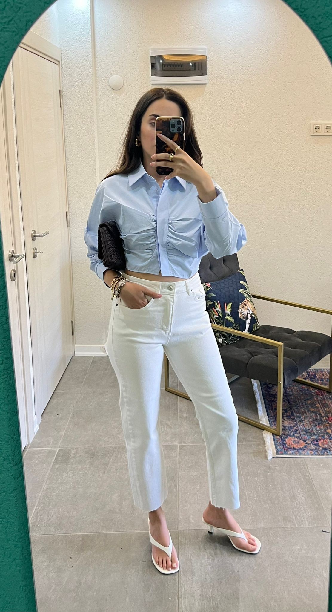Büzgülü Mavi Crop Gömlek