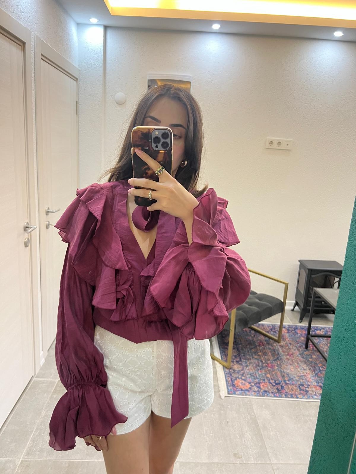 Volanlı Tül Kumaş Bordo Gömlek