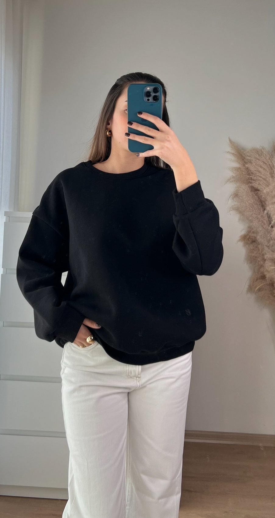 Siyah Çıtçıt Detay Şardonlu Sweatshirt