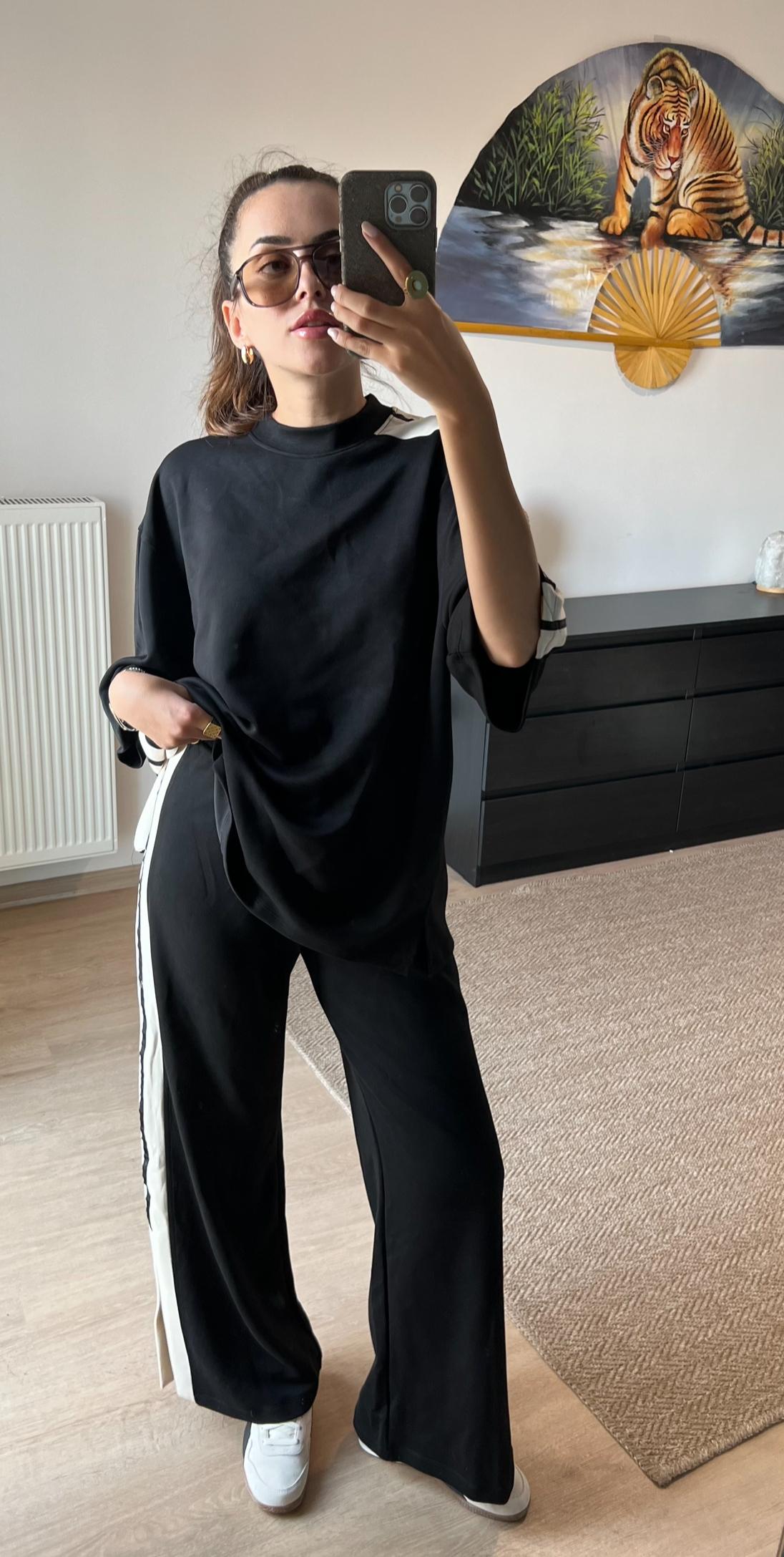 Beyaz Çizgili Yırtmaçlı Modal Kumaş Takım