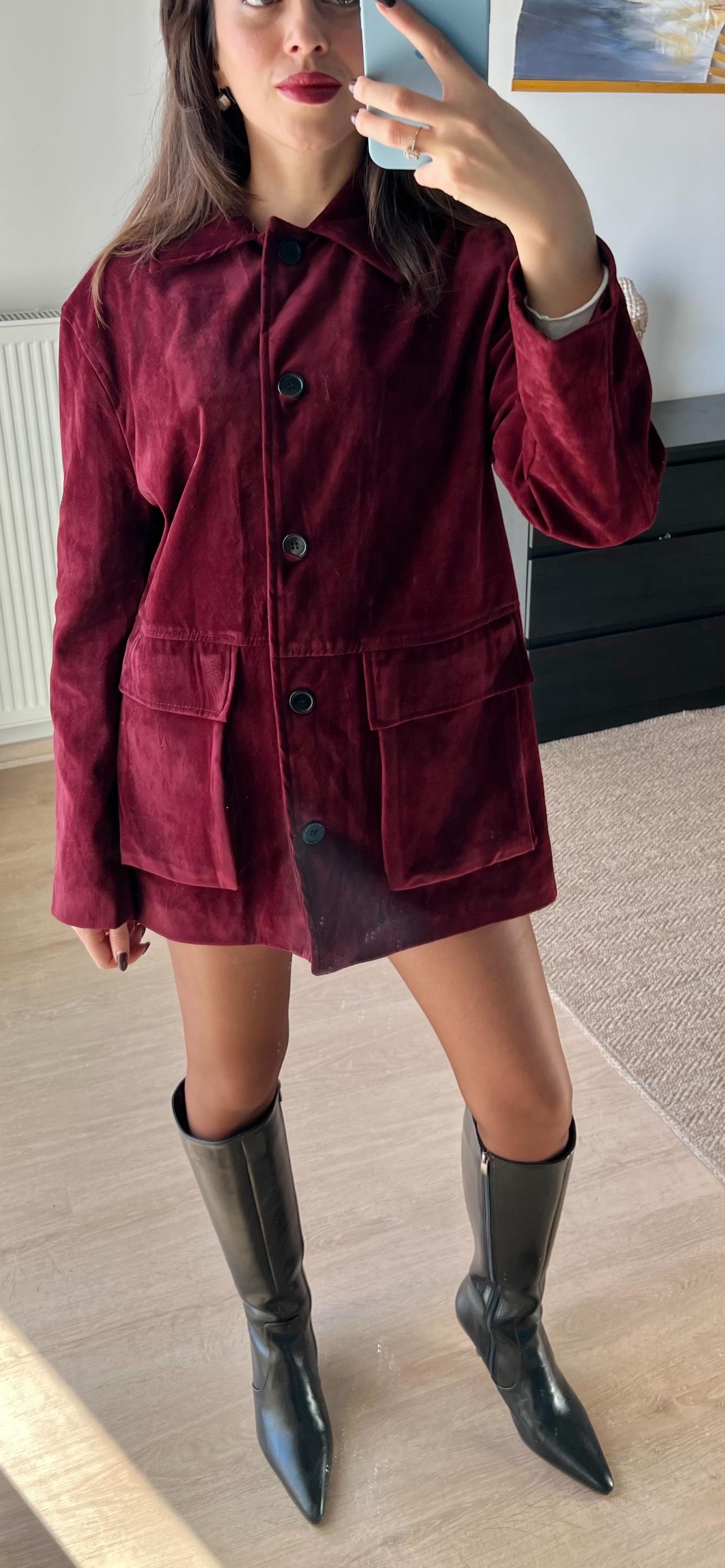Süet Şarap Kırmızısı Düğmeli Ceket