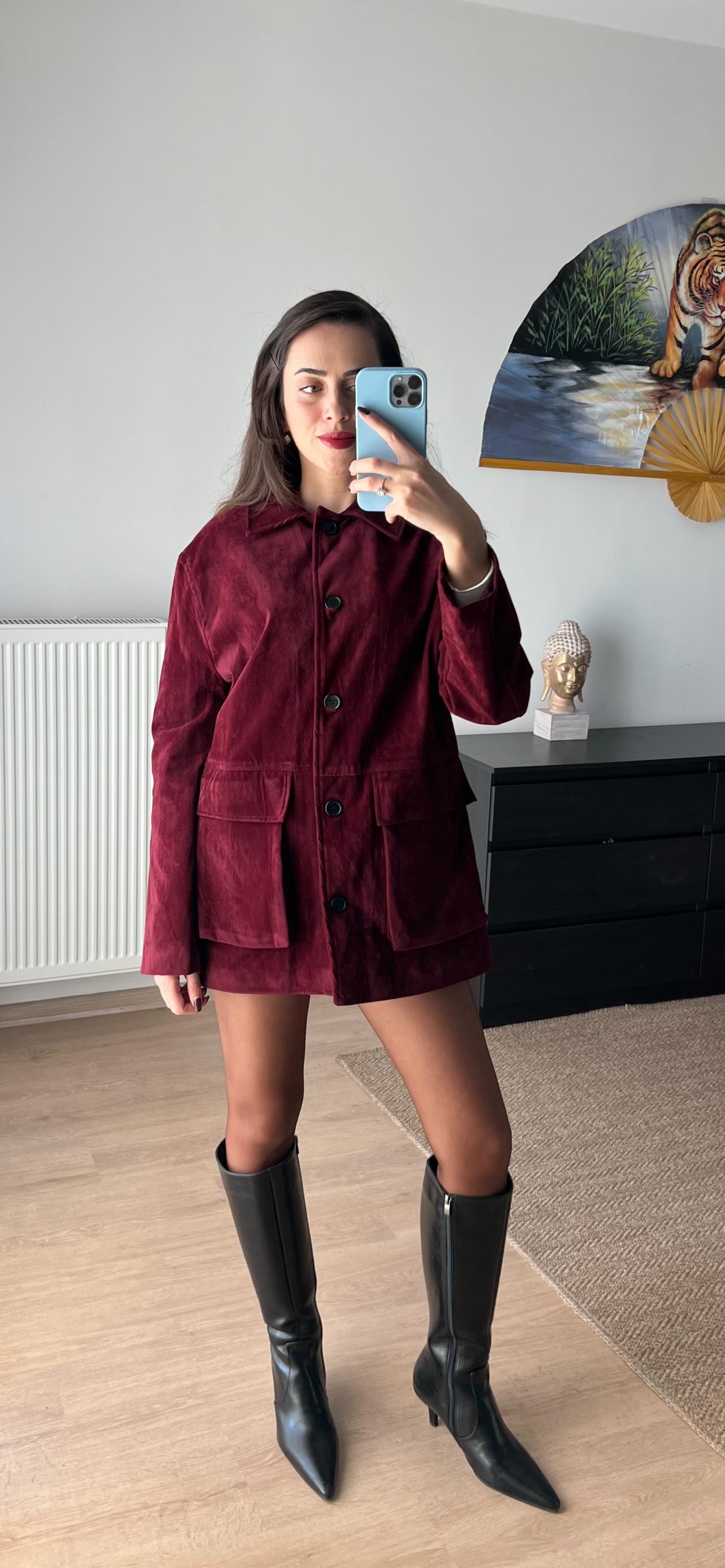 Süet Şarap Kırmızısı Düğmeli Ceket