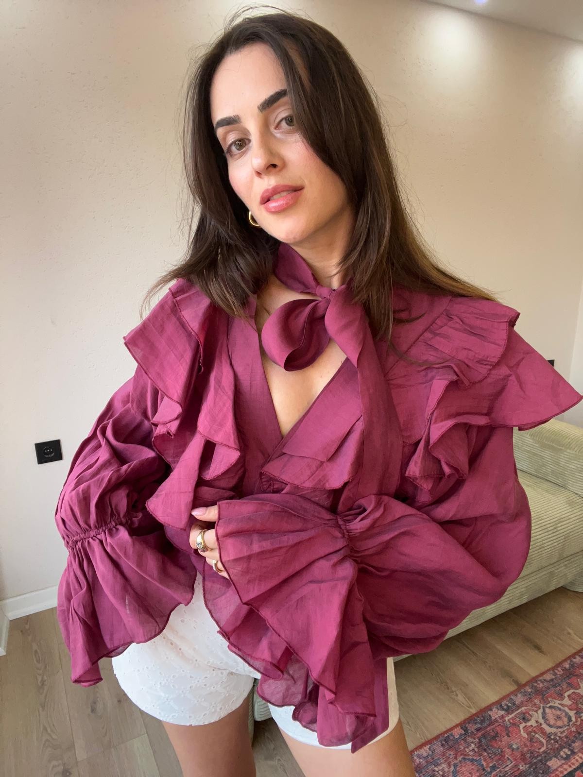 Volanlı Tül Kumaş Bordo Gömlek
