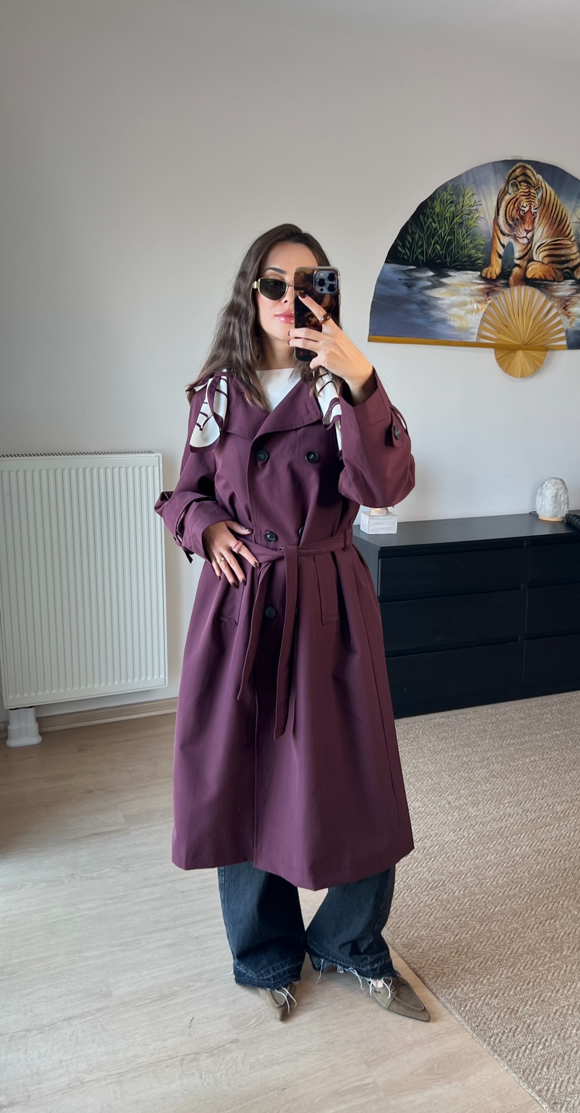 Bordo Fularlı Uzun Trençkot