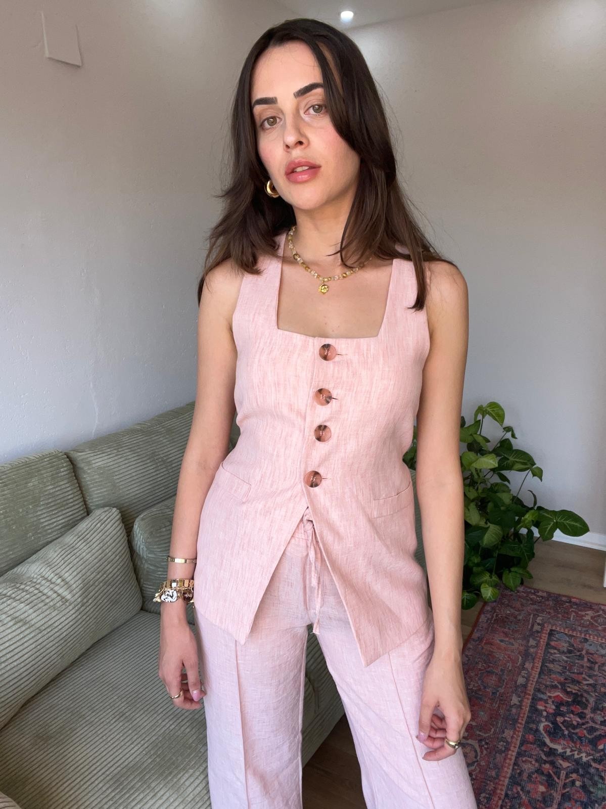 Toz Pembe Yelek Pantolon Takım
